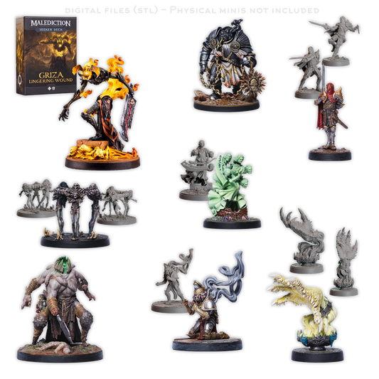 a collection of various figurines and models, including fantasy creatures and characters, displayed on a black background.