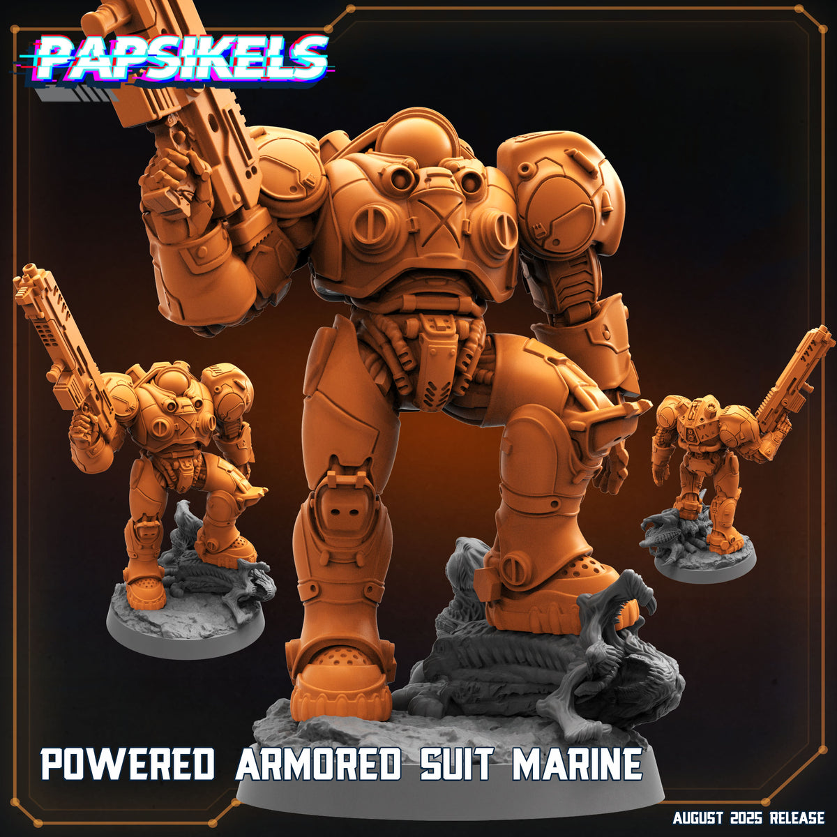 The image is a promotional poster for a "Powered armored suit marine" from the video game Papsikels. It features a large armored suit figure in the center, surrounded by smaller figures of the same armored suit. The background is dark and has a futuristic appearance, suggesting the game's setting.