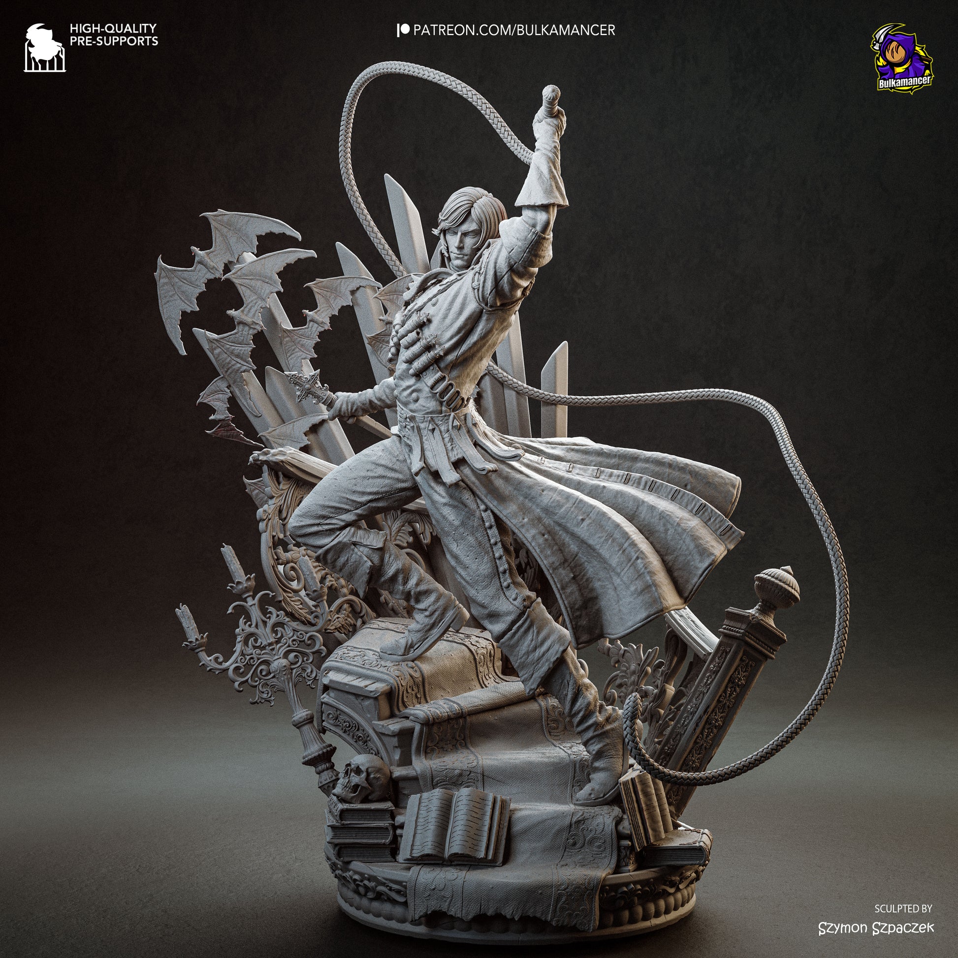 A detailed 3D model of a character with a sword and a lasso, surrounded by various elements such as books, plants, and other objects, all set against a dark background.