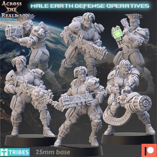 The image is a collage of five male earth defense operators, each holding various weapons and equipment, set against a backdrop of a planet.