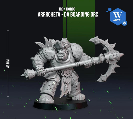 a detailed, armored warrior figure holding a large weapon, likely an iron ore boarder, with a focus on the warrior's stance and weapon.
