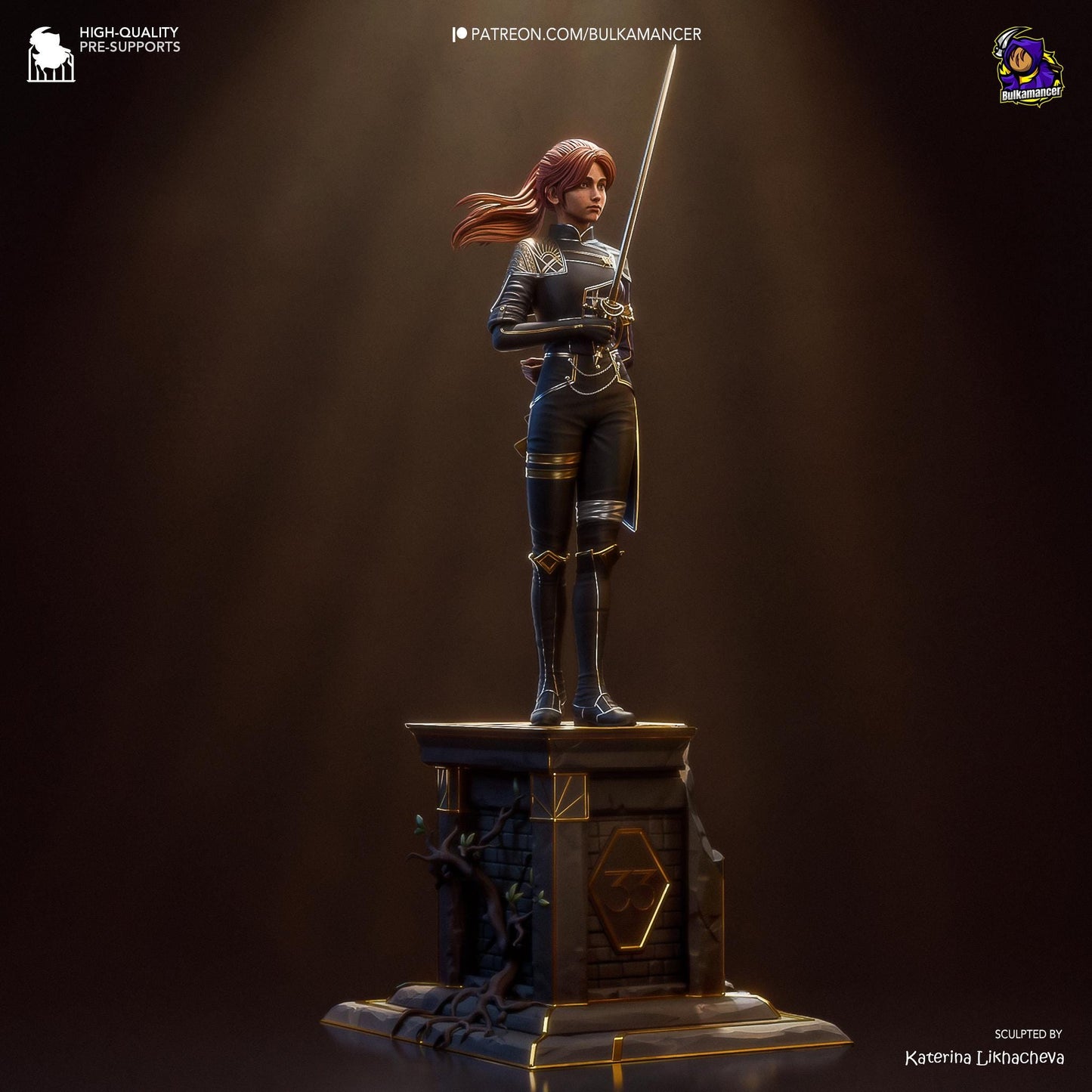 a statue of a woman with a sword on a pedestal