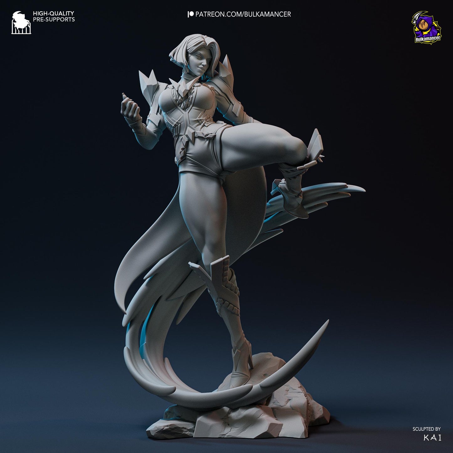 A 3D rendering of a female character with a fierce expression, standing on a rock formation and holding a weapon.
