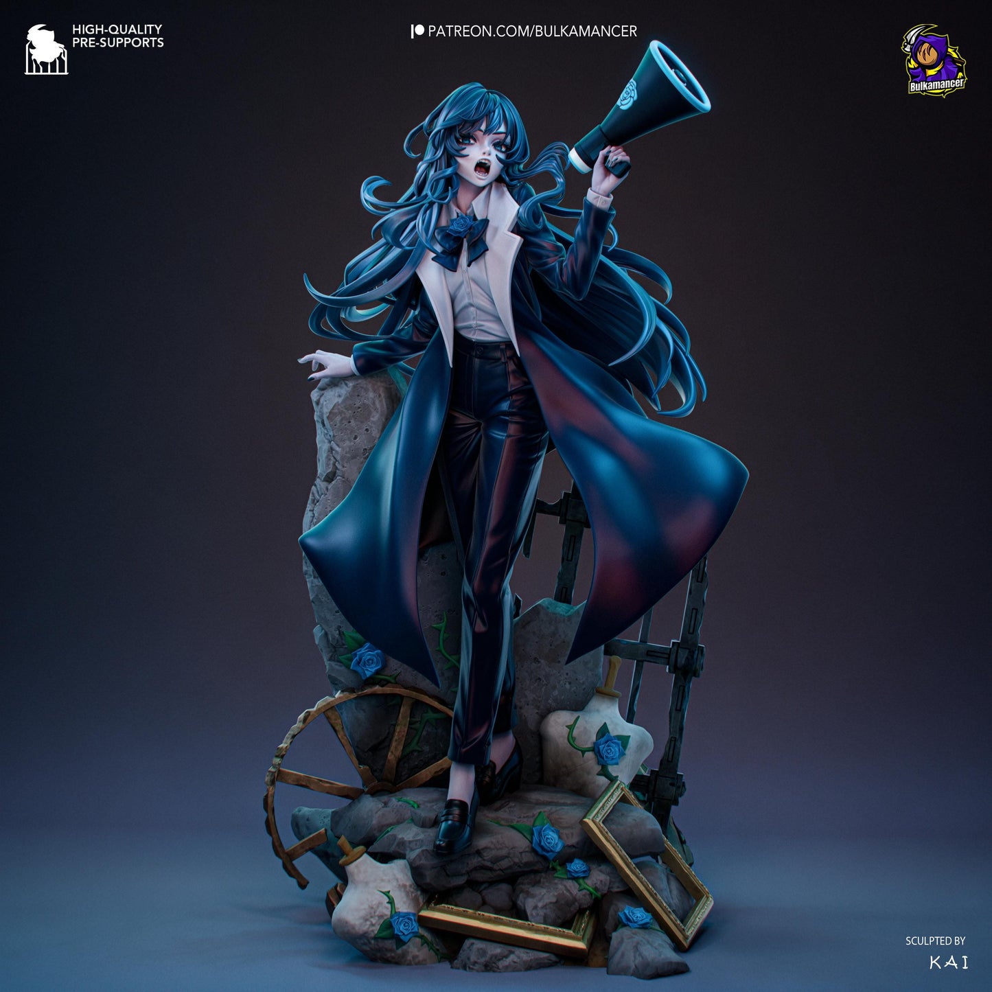 Avocado Chan Unpainted Resin Statue | Anime Style Idol Protester Figure | Megaphone Girl Display Model
