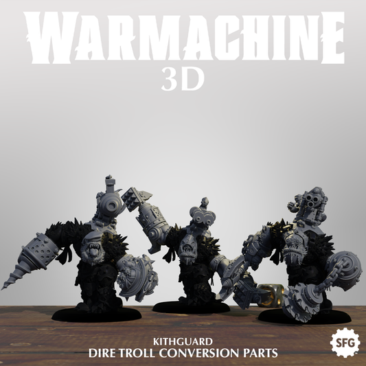 three 3D models of a group of mechanical creatures, likely from a fantasy or science fiction game. The creatures are depicted in a dynamic pose, with one holding a weapon and the others holding various tools or equipment. The image is a collage of multiple images, and the text "WARMACHINE 3D" is prominently displayed at the top, indicating the theme or subject of the image.