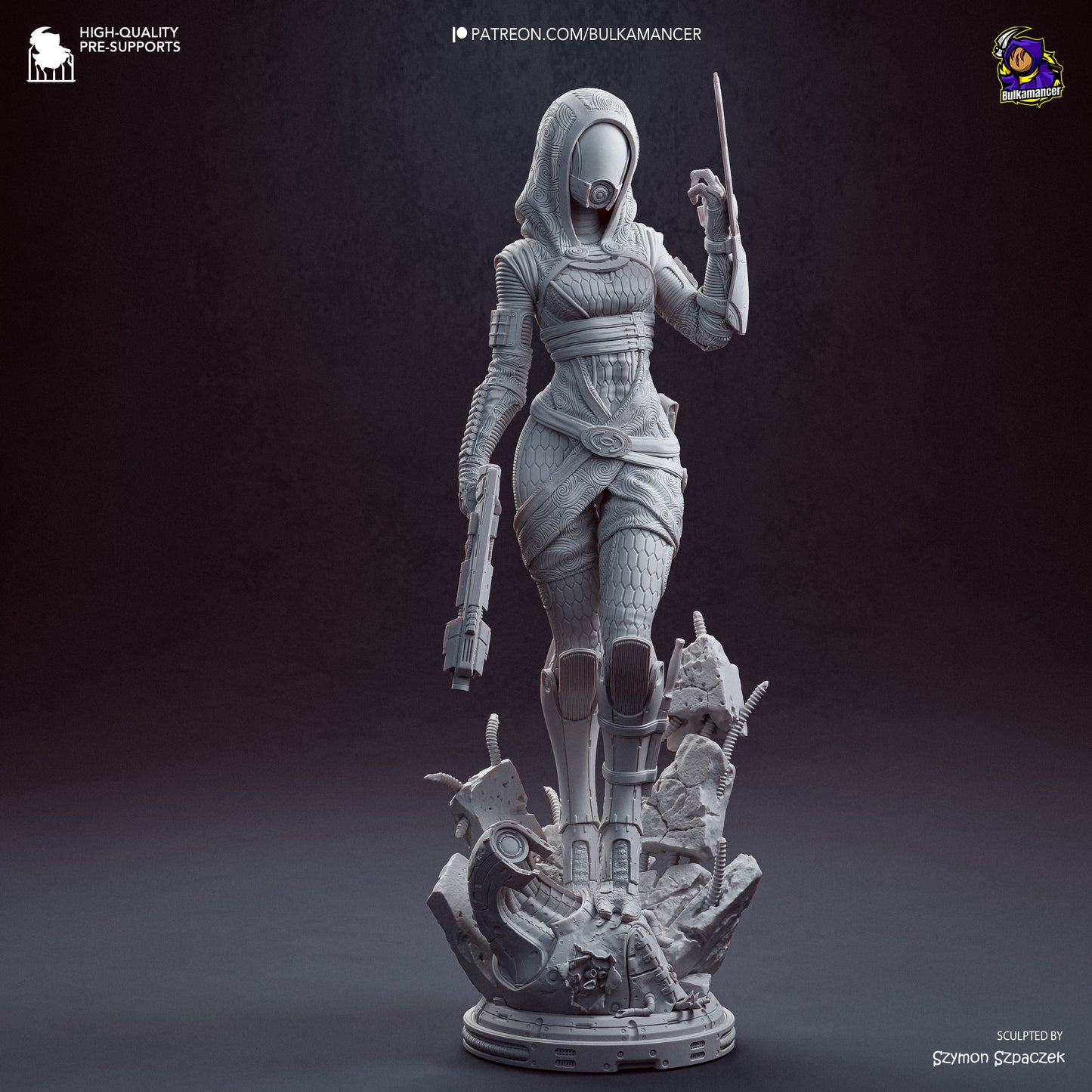A 3D rendering of a female character in a futuristic, space-themed outfit, holding a weapon and standing on a platform amidst debris.