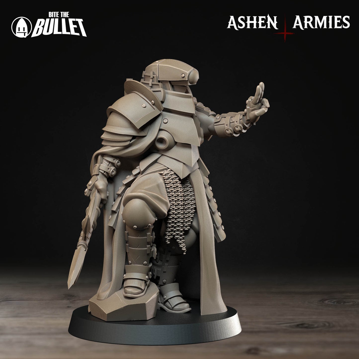 A detailed 3D model of a knight in armor, standing on a base and holding a sword in one hand and a shield in the other.