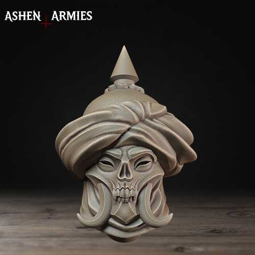 A 3D rendering of a skull wearing a turban, with the text "ASHEN ARMIES" displayed above it.