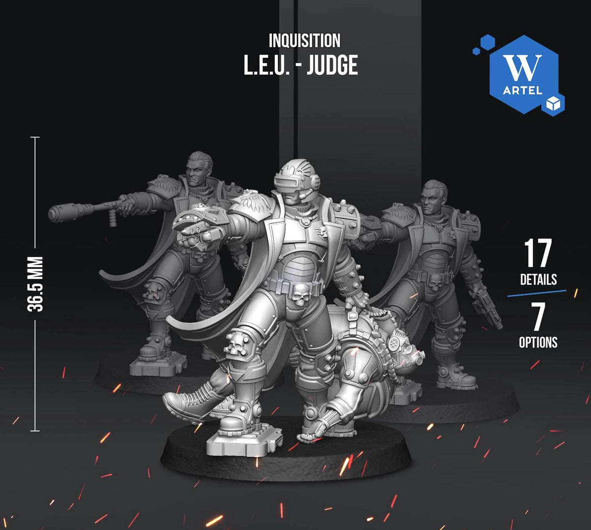 three detailed figurines of soldiers, with one of them being a judge. The figurines are set against a dark background with sparks or flames emanating from them, creating a dramatic and intense atmosphere.