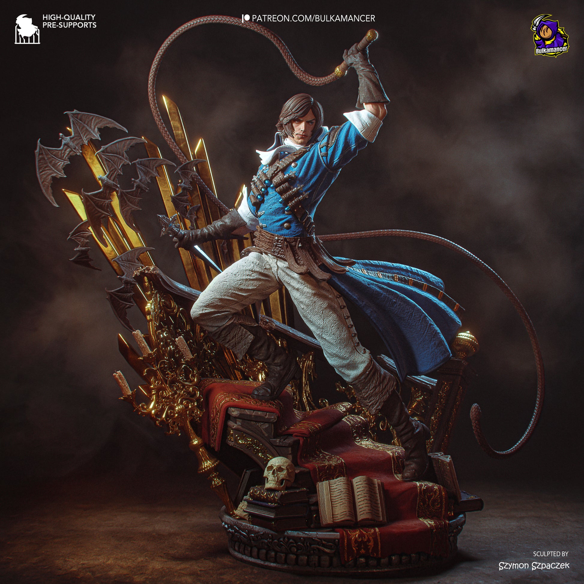 A detailed 3D rendering of a character in a blue outfit, wielding a lasso and surrounded by various weapons and armor pieces, set against a dark, moody background.