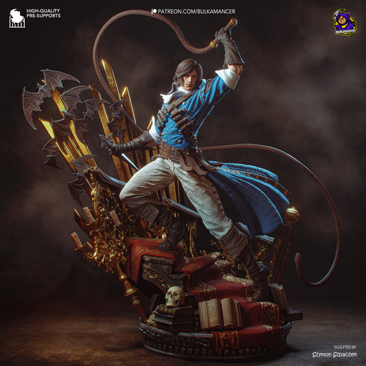 A detailed 3D rendering of a character in a blue outfit, wielding a lasso and surrounded by various weapons and armor pieces, set against a dark, moody background.