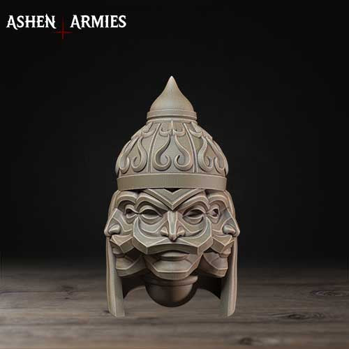 A carved wooden helmet with a pointed top and intricate designs, displayed on a wooden surface against a dark background.