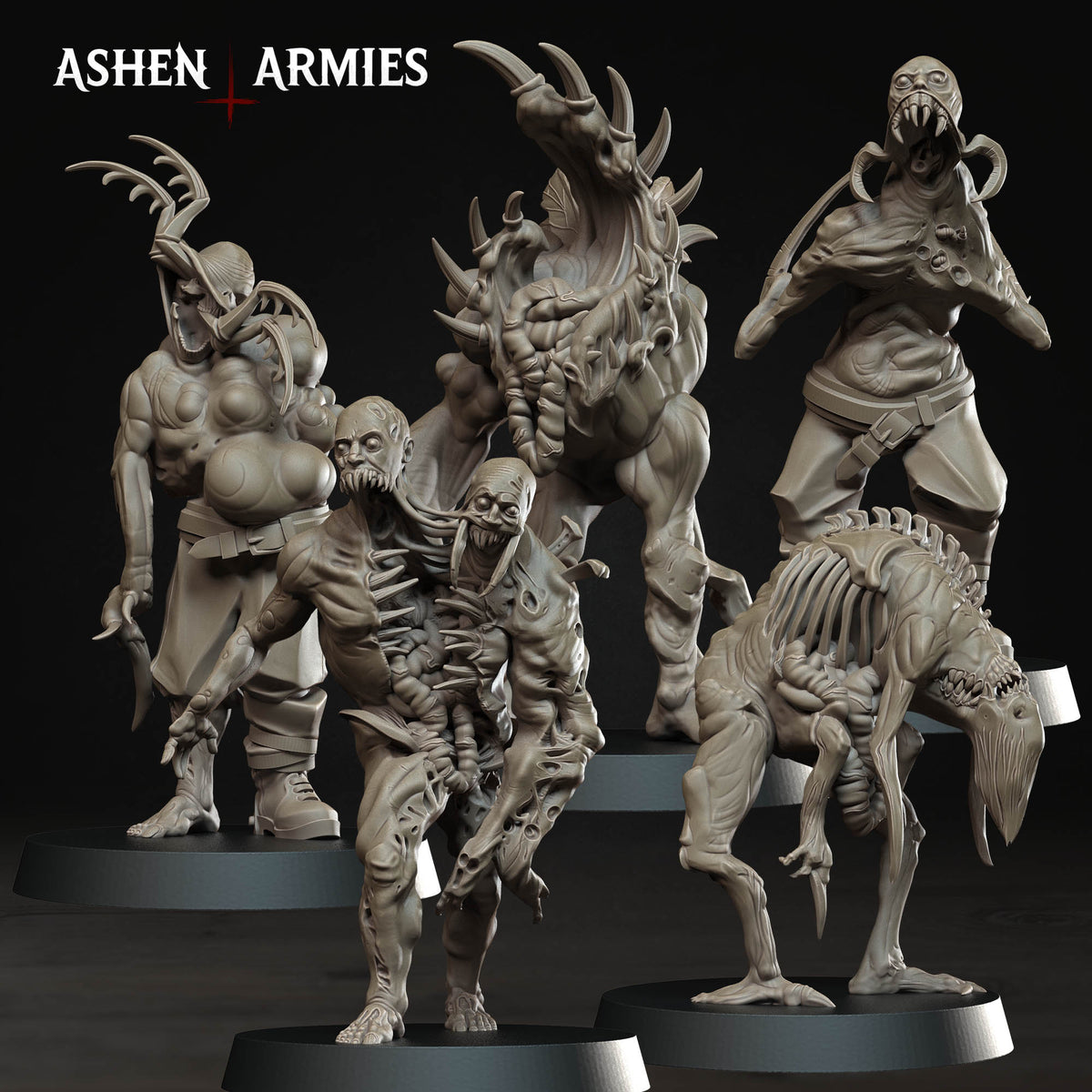 a group of five detailed, dark-colored, and fantastical-looking creatures, likely representing characters from a video game or other digital media.