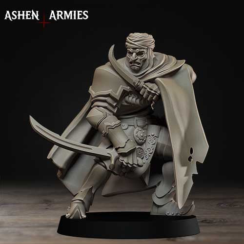 A detailed statue of a warrior figure, holding a sword and wearing a cape, standing on a black base against a dark background.