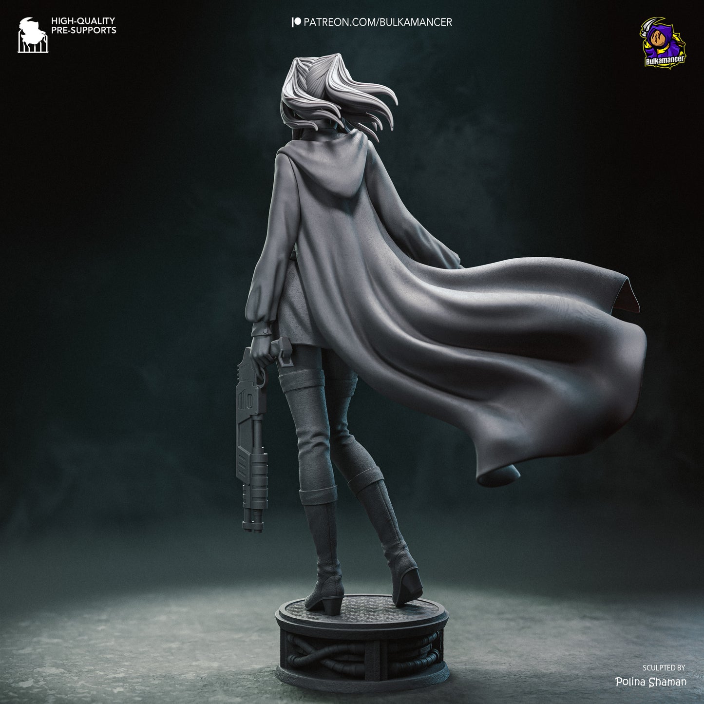A 3D rendering of a female character with flowing hair and a cape, holding a weapon, standing on a platform against a dark background.