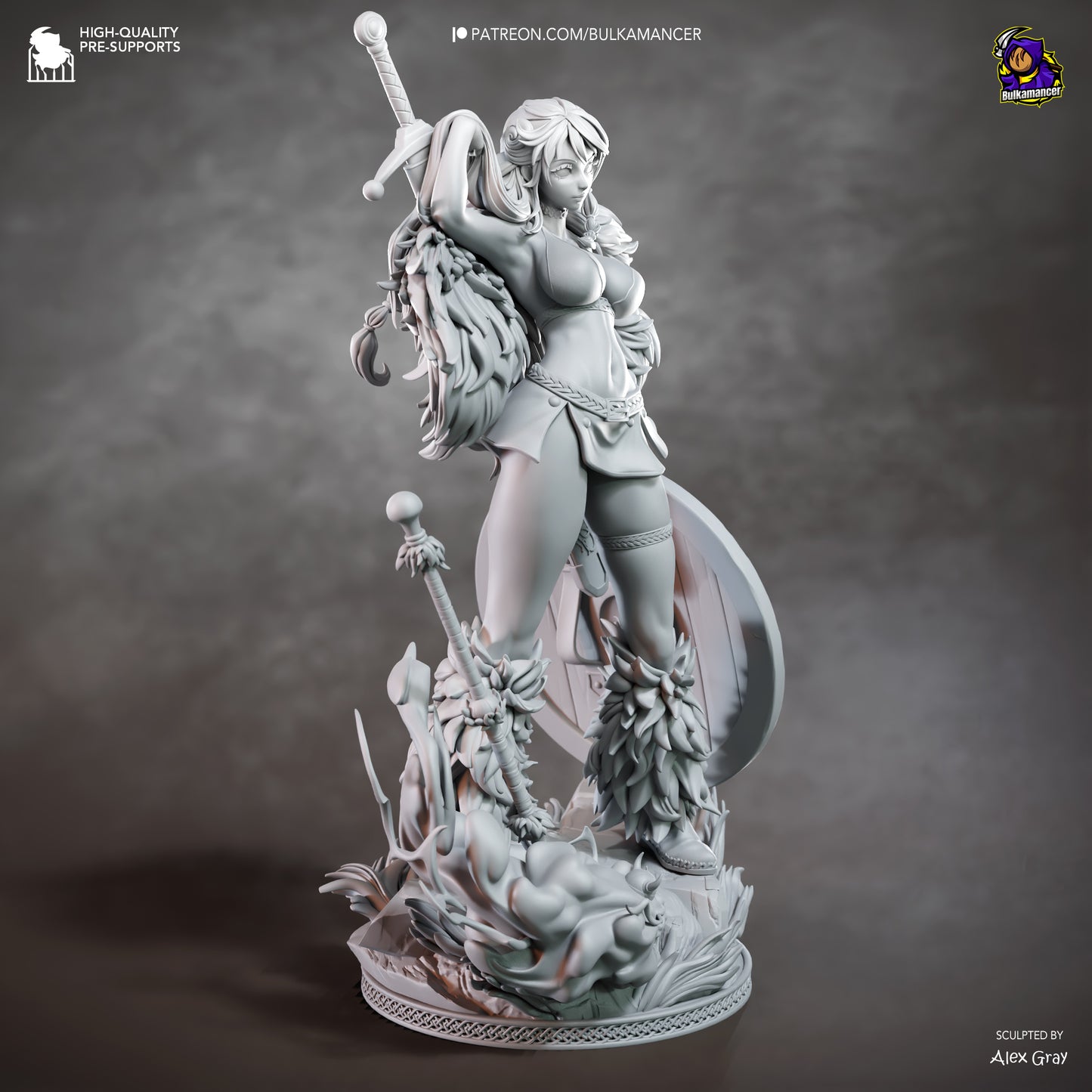 A detailed 3D model of a female warrior figure, holding a sword and shield, standing on a rocky base with a dragon-like creature in the background.