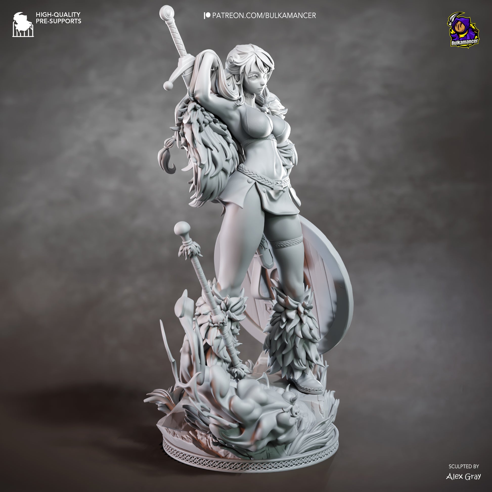 A detailed 3D model of a female warrior figure, holding a sword and shield, standing on a rocky base with a dragon-like creature in the background.