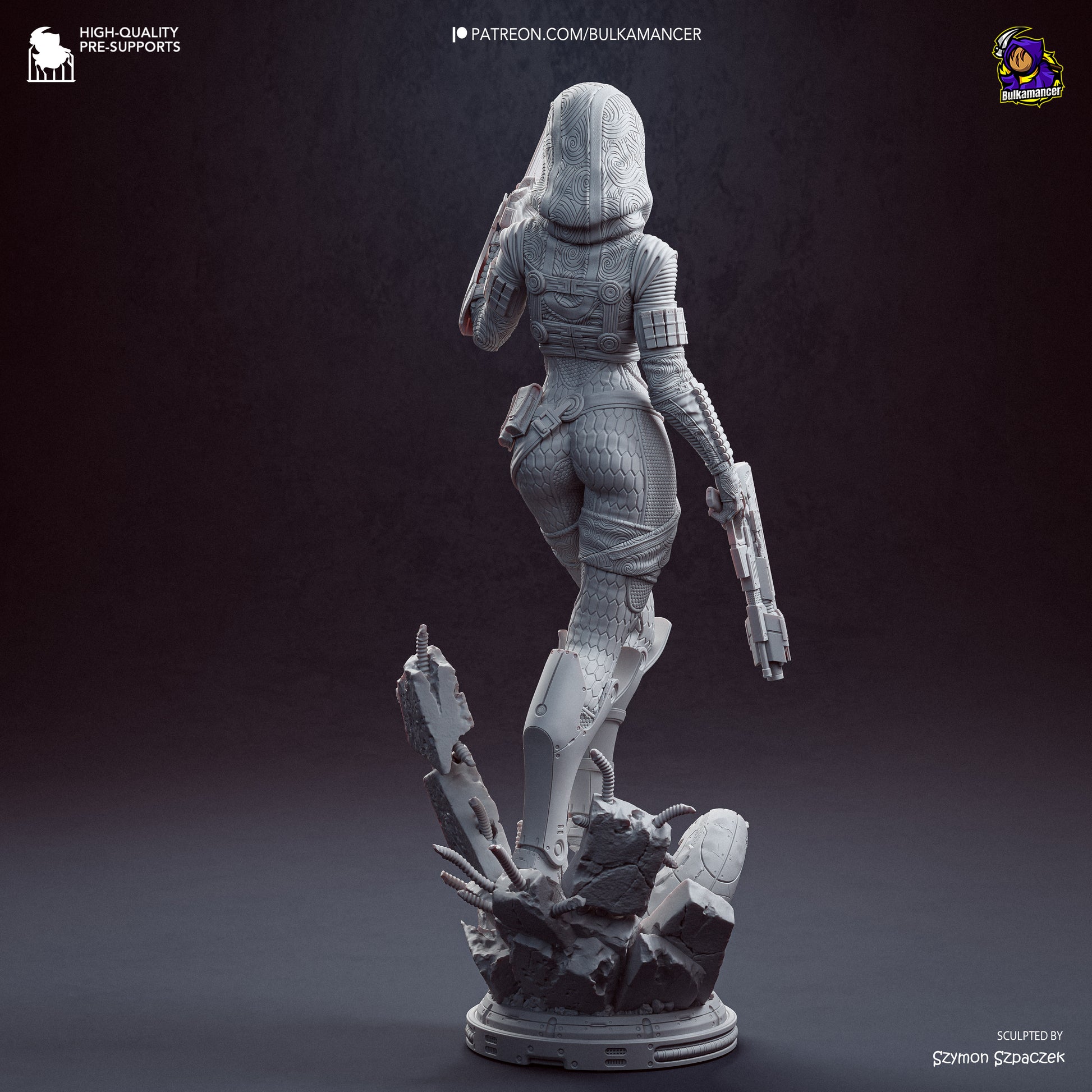 A 3D rendering of a female character in a futuristic, space-themed outfit, holding a futuristic weapon, standing on a platform amidst a pile of rubble.