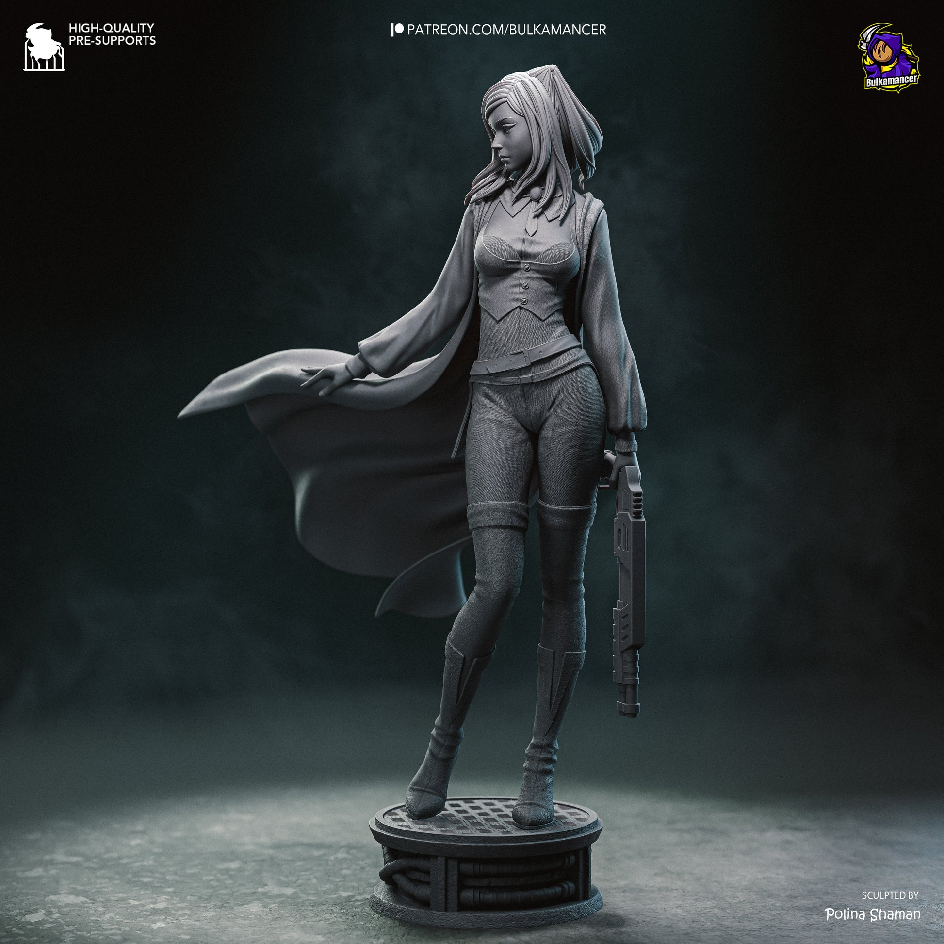 A 3D model of a female character with long hair, wearing a cape and holding a weapon, standing on a platform against a dark background.