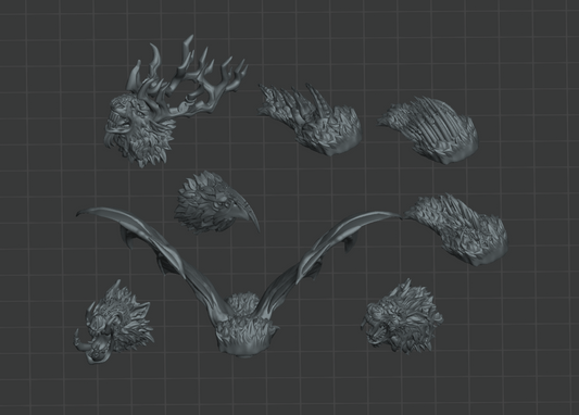 various stylized animal heads and antlers, arranged in a grid-like pattern against a dark background.