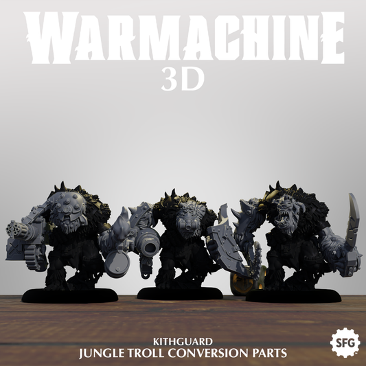 three 3D models of jungle troll characters, each holding various weapons, arranged in a row.