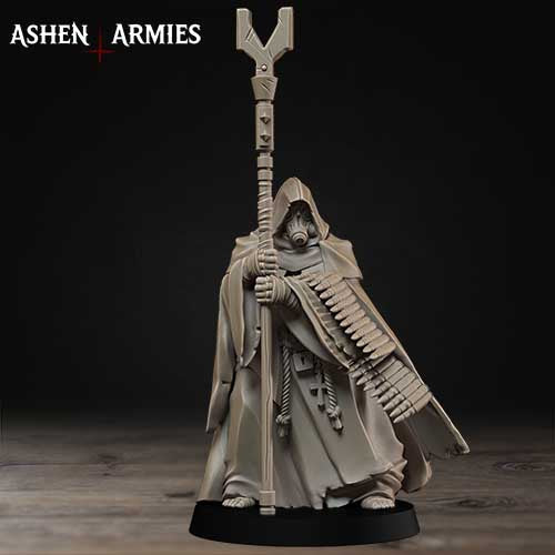 A statue of a person holding a staff and wearing a long robe, standing on a black base against a dark background.