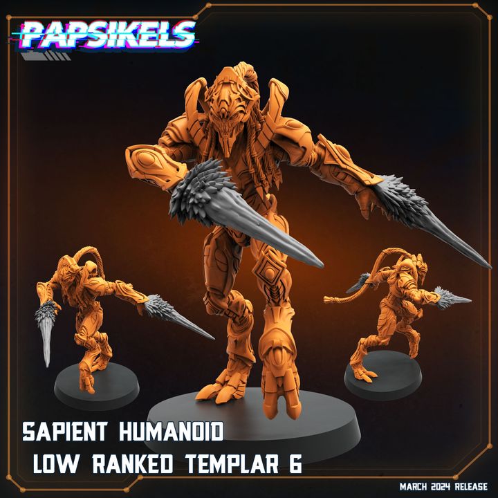 a group of orange humanoid robots with large weapons, likely representing a low-ranked temple or character from a video game.