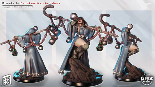 A 3D rendering of a character named Brewfall, a Drunken Warrior Monk, depicted in various poses and stances.