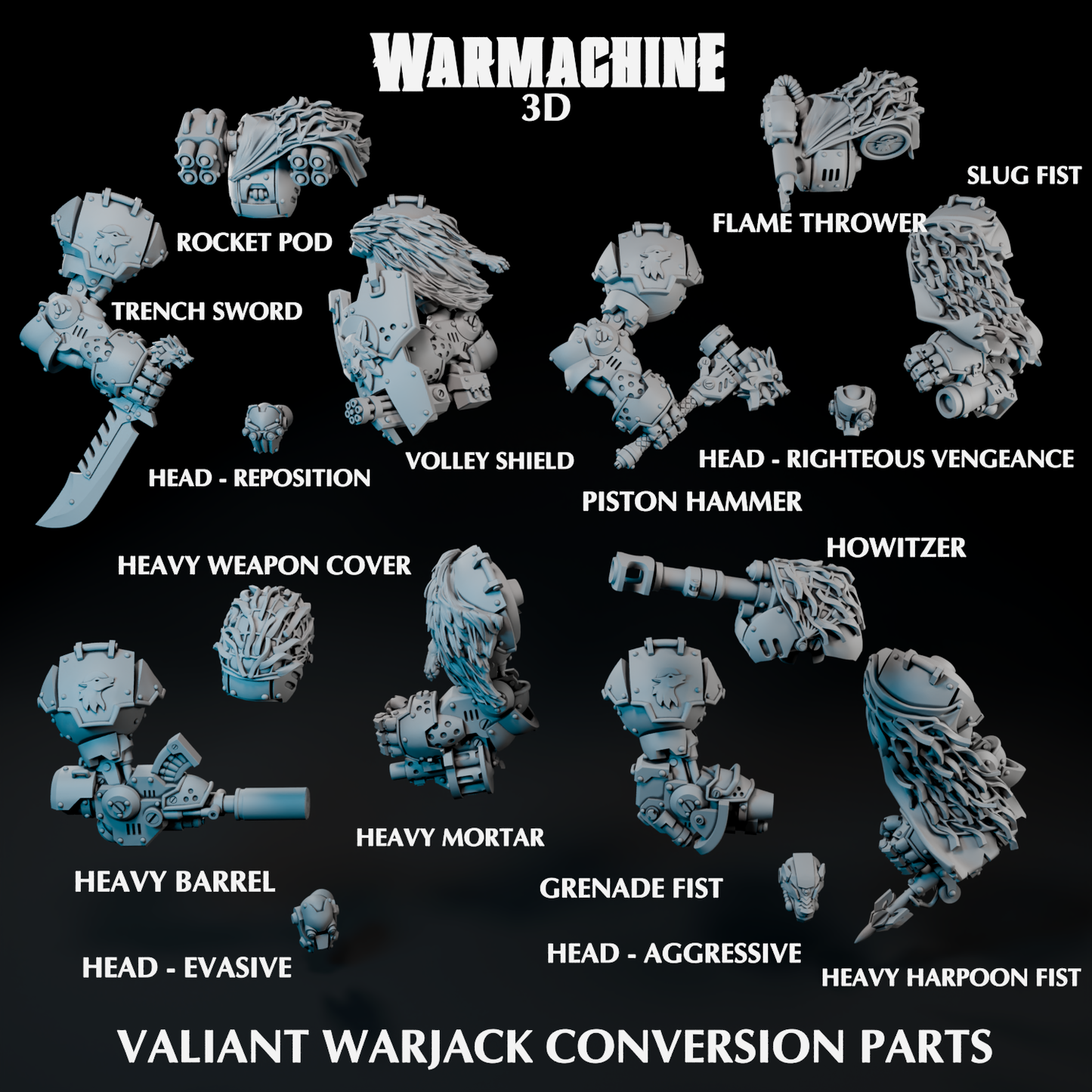 various Warjack 3D model parts, including a rocket pod, trench sword, flame thrower, slug, heavy weapon cover, heavy mortar, heavy harpoon fist, and a head - evasive.