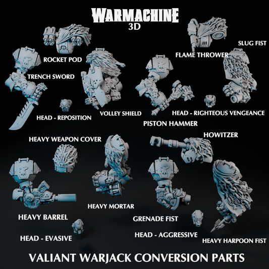 various Warjack 3D model parts, including a rocket pod, trench sword, flame thrower, slug, heavy weapon cover, heavy mortar, heavy harpoon fist, and a head - evasive.
