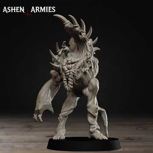 A detailed 3D model of a fantastical creature with sharp teeth and claws, standing on a black base against a dark background.