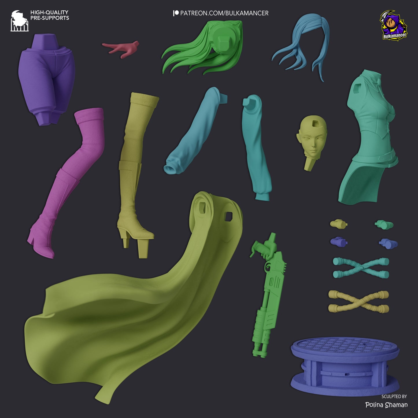 various 3D models of clothing and accessories, including a cape, boots, and other items, all in different colors such as purple, green, and blue.