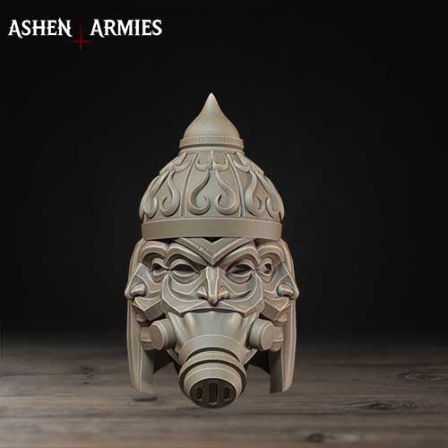 A detailed sculpture of a helmet with a pointed top and intricate designs, resembling a mask or mask-like headgear.