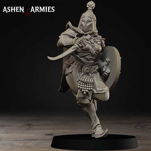 A detailed statue of a warrior figure, wearing a helmet and holding a shield, standing on a platform.