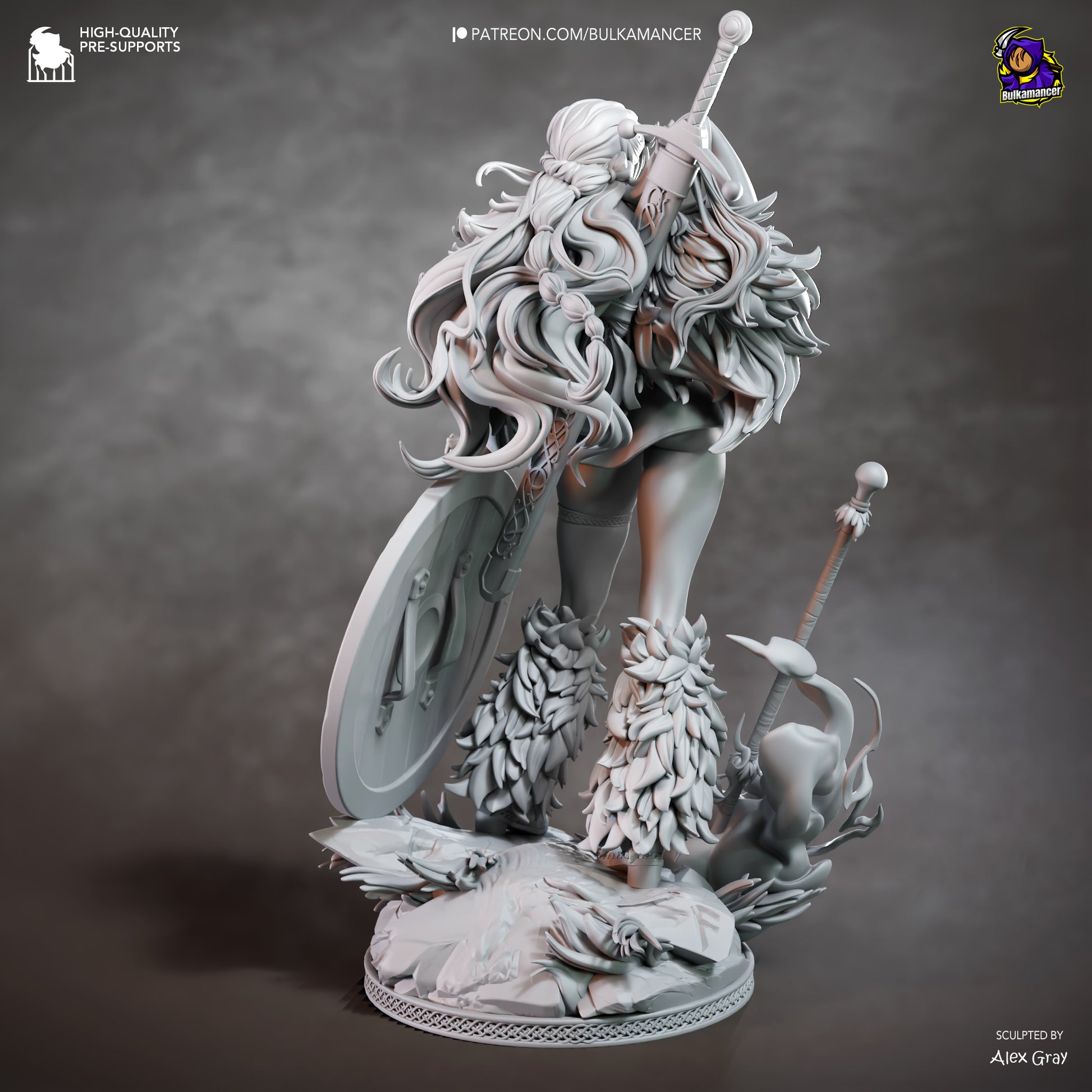 A detailed 3D model of a female warrior statue, featuring intricate hair, armor, and weapons.